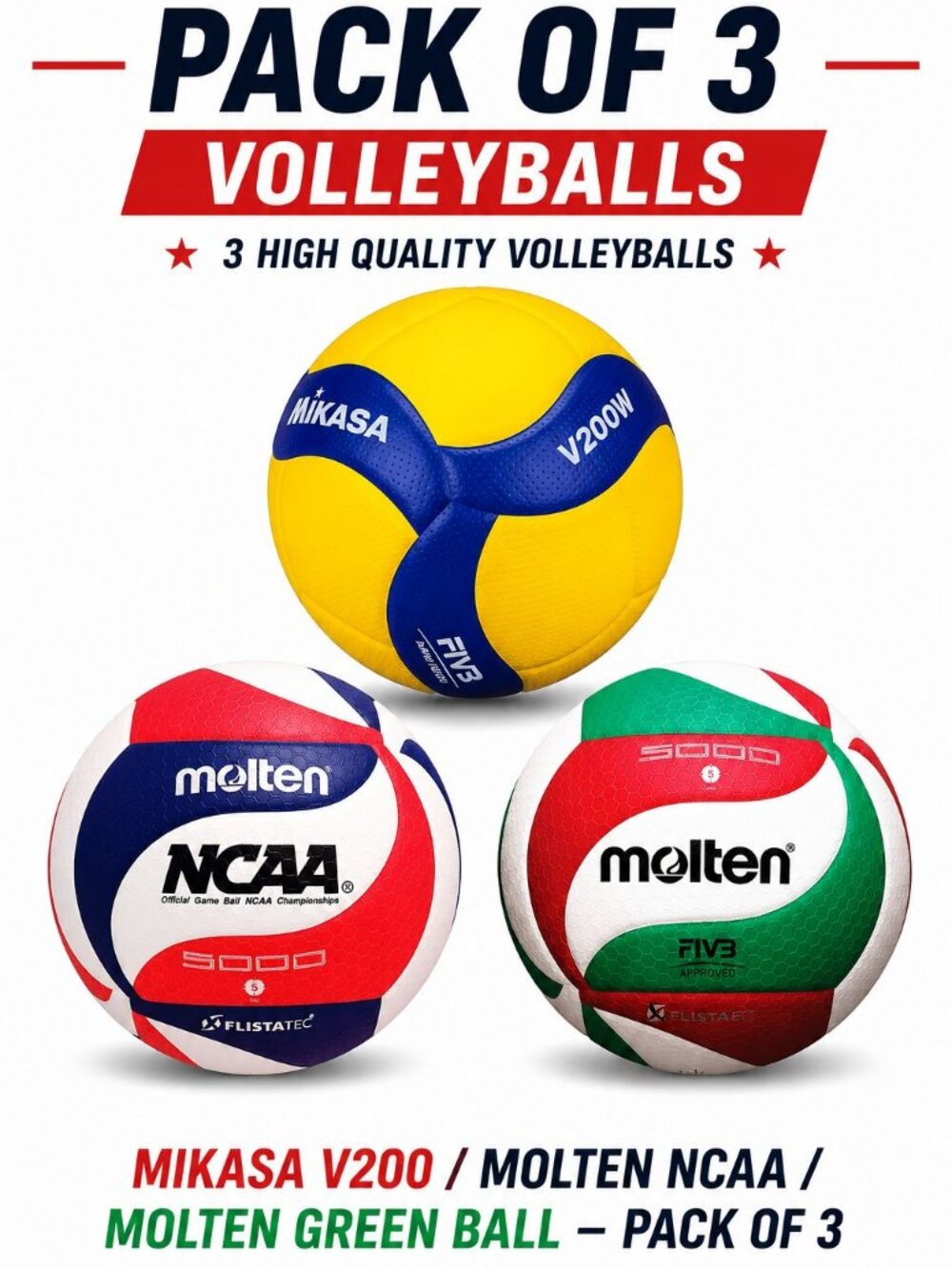 Pack of 3 Official Size Volleyballs – Mikasa V200, Molten NCAA, Molten Green